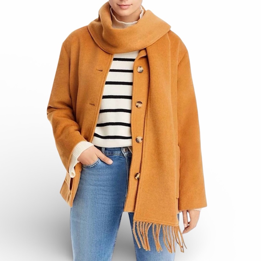 AQUA Scarf Collar Coat Women's L Camel Wool Blend Full Front Button Closure